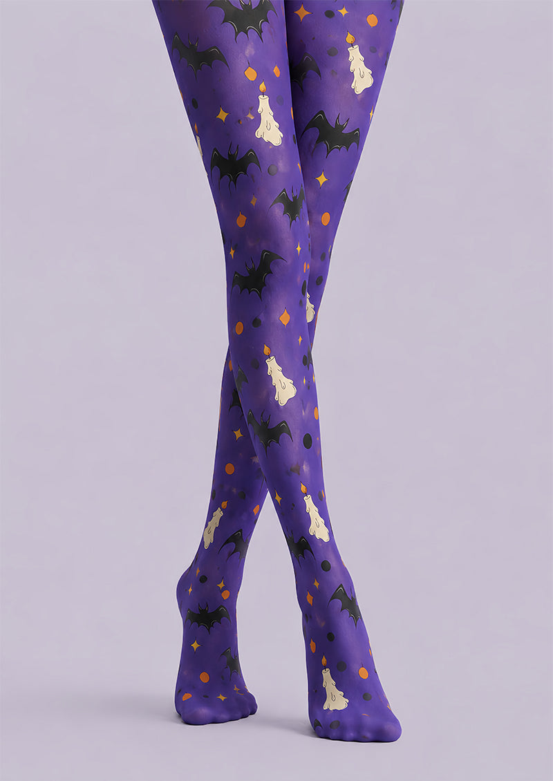 Spooky Candle Bat Purple Printed Tights Pantyhose L67-40