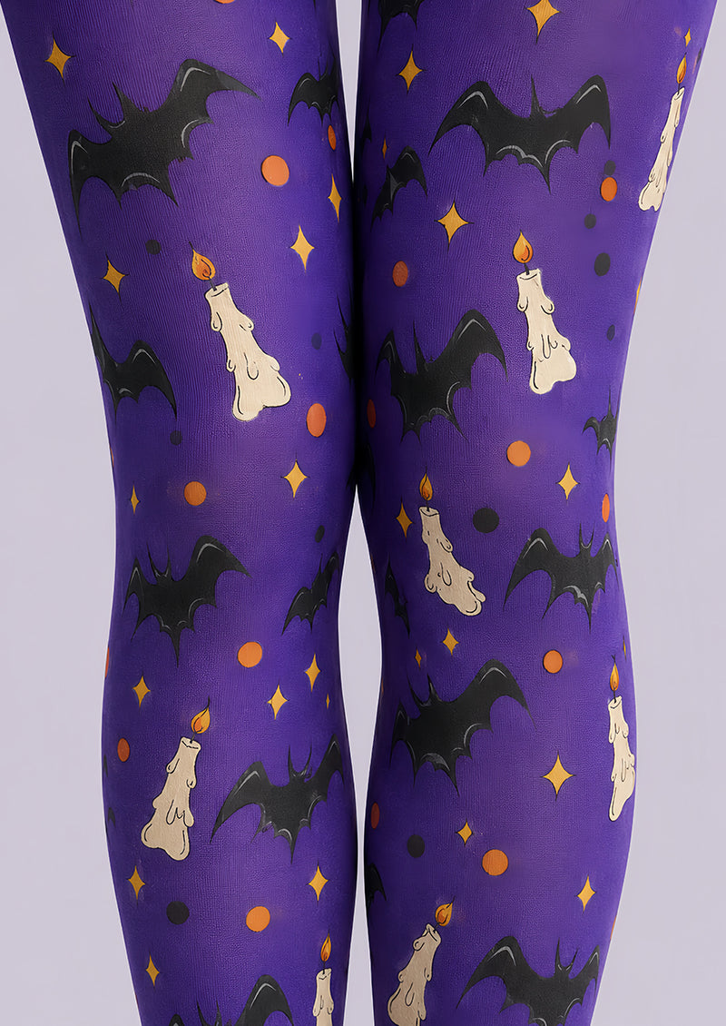 Spooky Candle Bat Purple Printed Tights Pantyhose L67-40