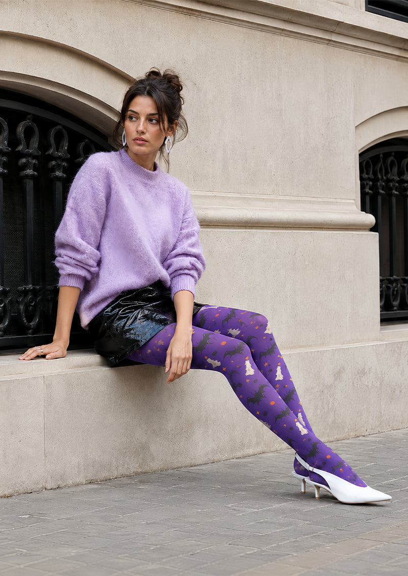 Spooky Candle Bat Purple Printed Tights Pantyhose L67-40