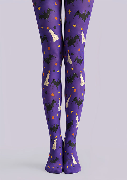 Spooky Candle Bat Purple Printed Tights Pantyhose L67-40