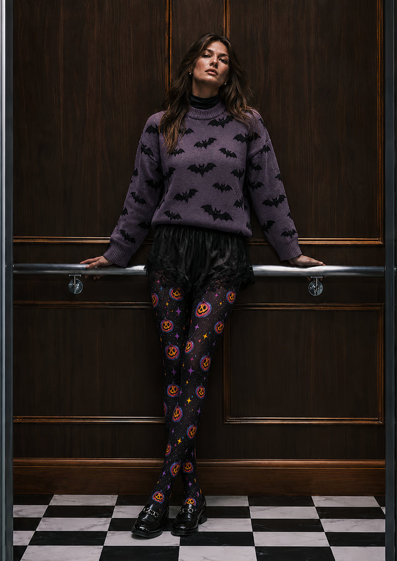 Neon Pumpkin Star Halloween Patterned Tights L67-41