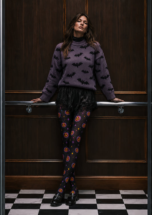 Neon Pumpkin Star Halloween Patterned Tights L67-41