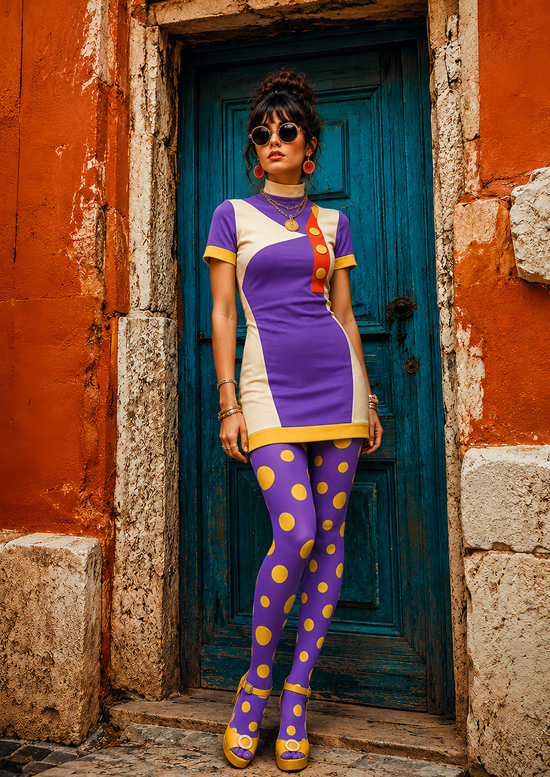 Purple Yellow Polka Dot Patterned Tights Pantyhose L68-1