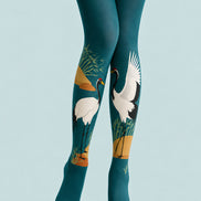 Art Print Crane Pantyhose Teal Tights Hosiery L68-100