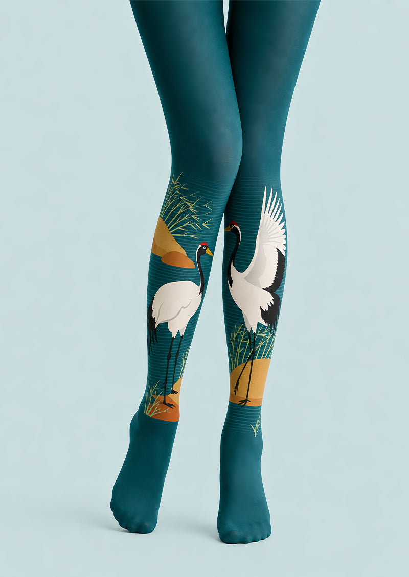 Art Print Crane Pantyhose Teal Tights Hosiery L68-100