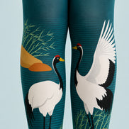 Art Print Crane Pantyhose Teal Tights Hosiery L68-100