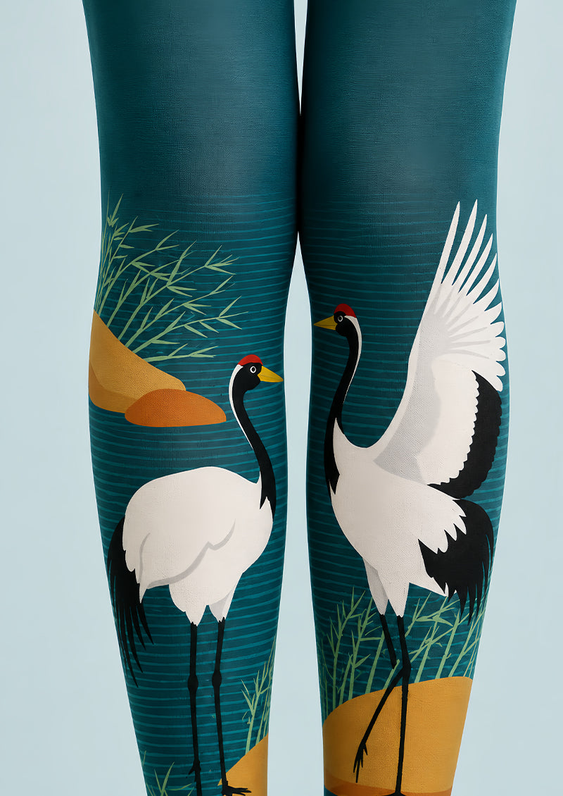 Art Print Crane Pantyhose Teal Tights Hosiery L68-100