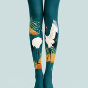 Art Print Crane Pantyhose Teal Tights Hosiery L68-100