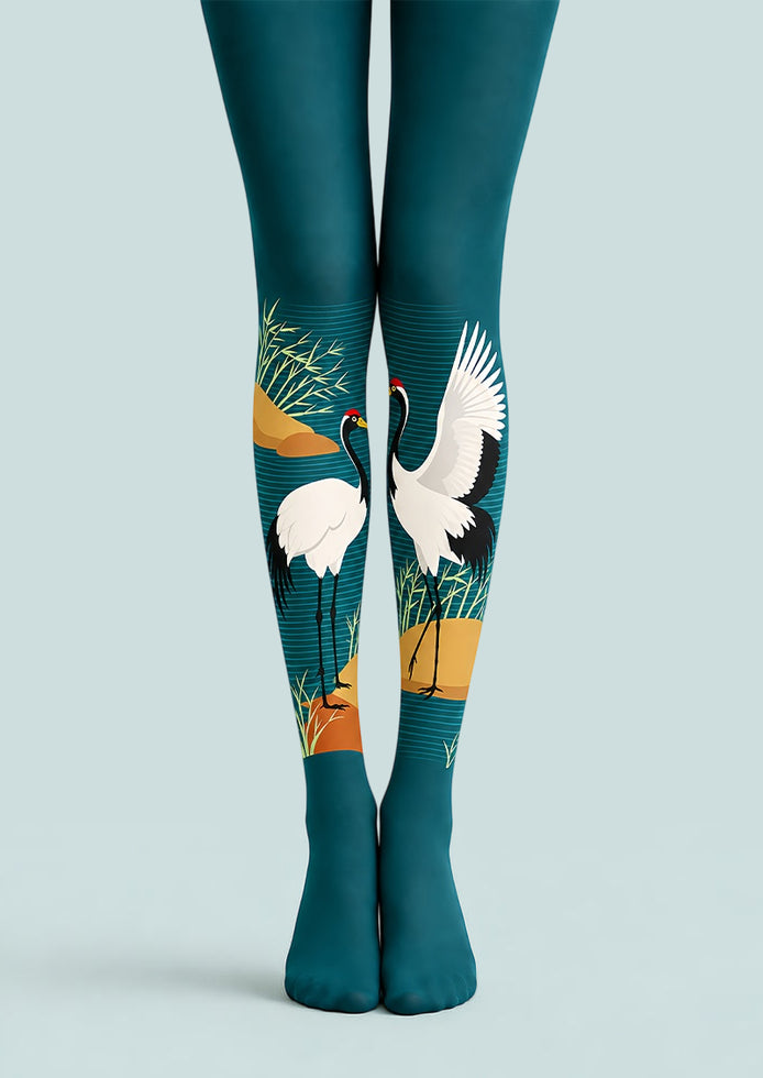 Art Print Crane Pantyhose Teal Tights Hosiery L68-100
