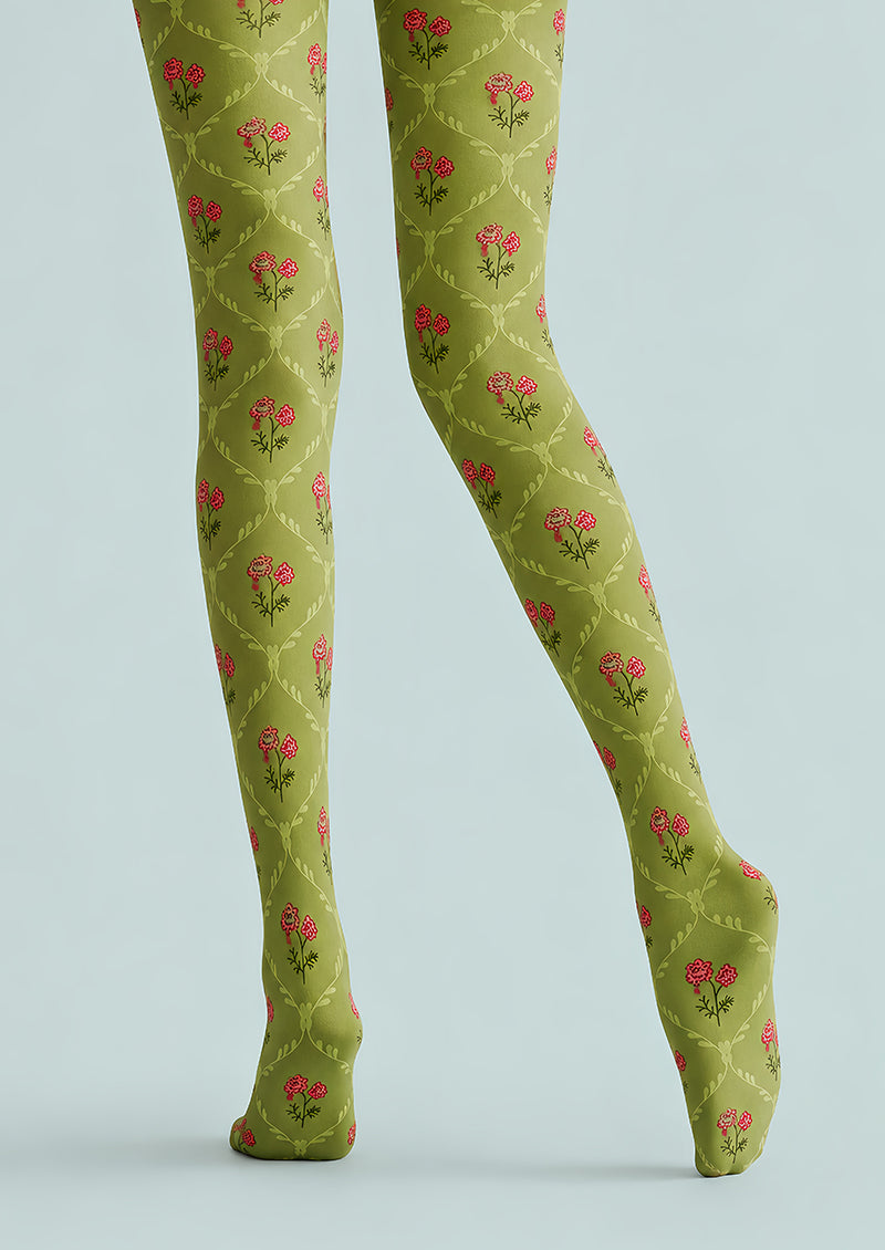 Small Floral Green Patterned Tights Pantyhose L68-103