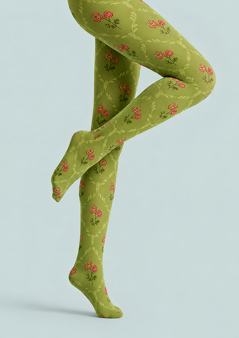 Small Floral Green Patterned Tights Pantyhose L68-103