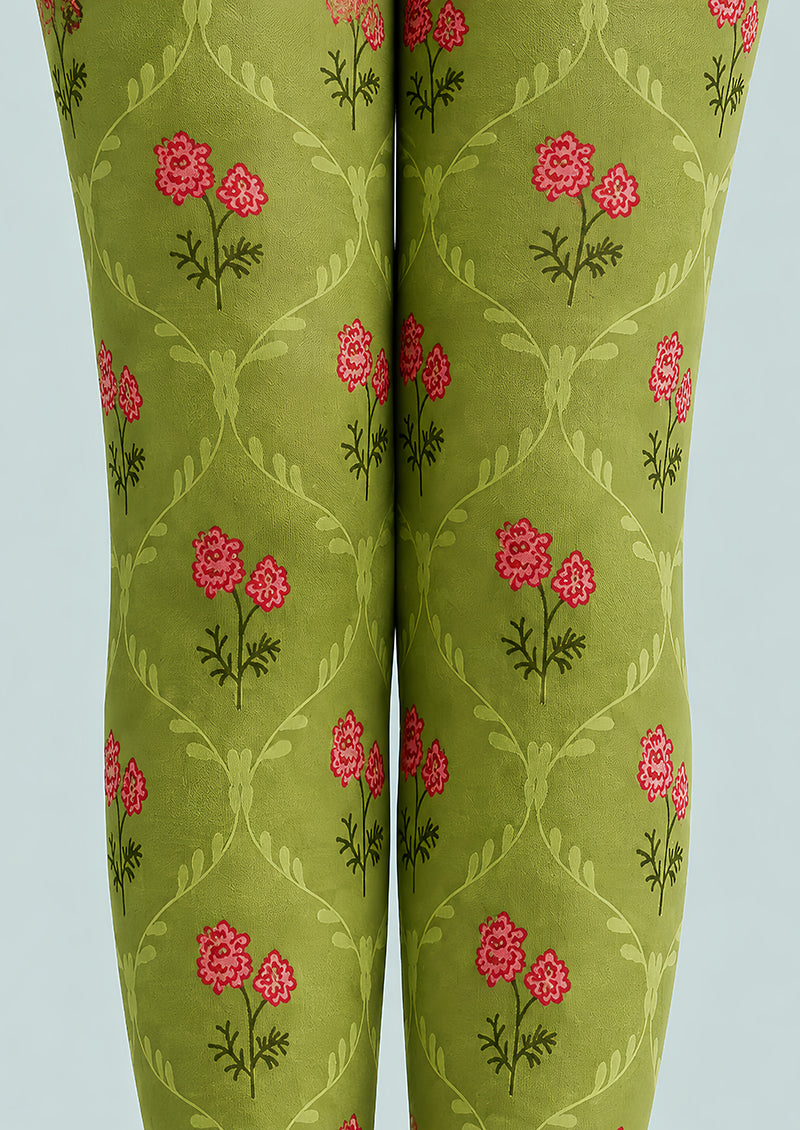 Small Floral Green Patterned Tights Pantyhose L68-103