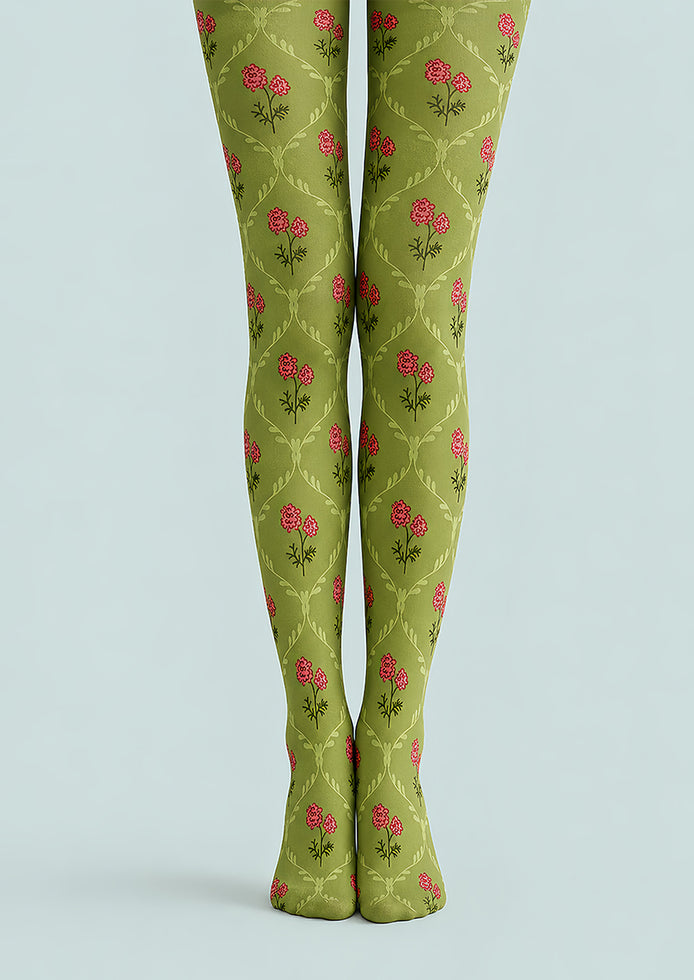 Small Floral Green Patterned Tights Pantyhose L68-103