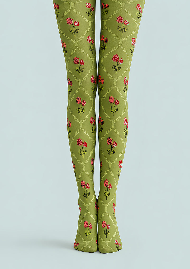 Small Floral Green Patterned Tights Pantyhose L68-103