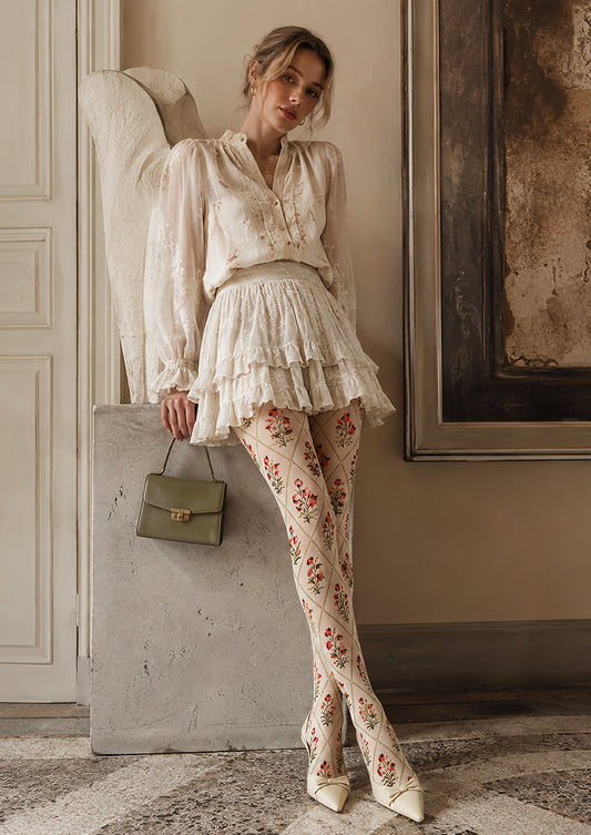 Cottagecore Floral Tights Cream Vintage Pantyhose L68-105