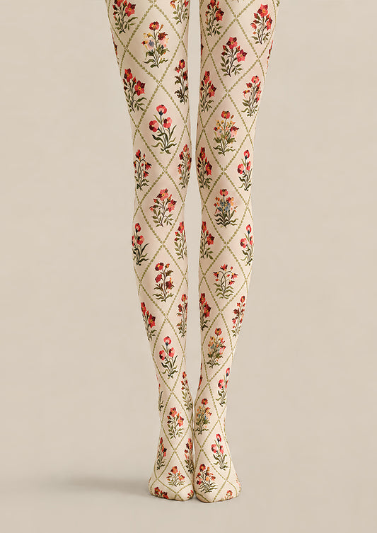 Cottagecore Floral Tights Cream Vintage Pantyhose L68-105