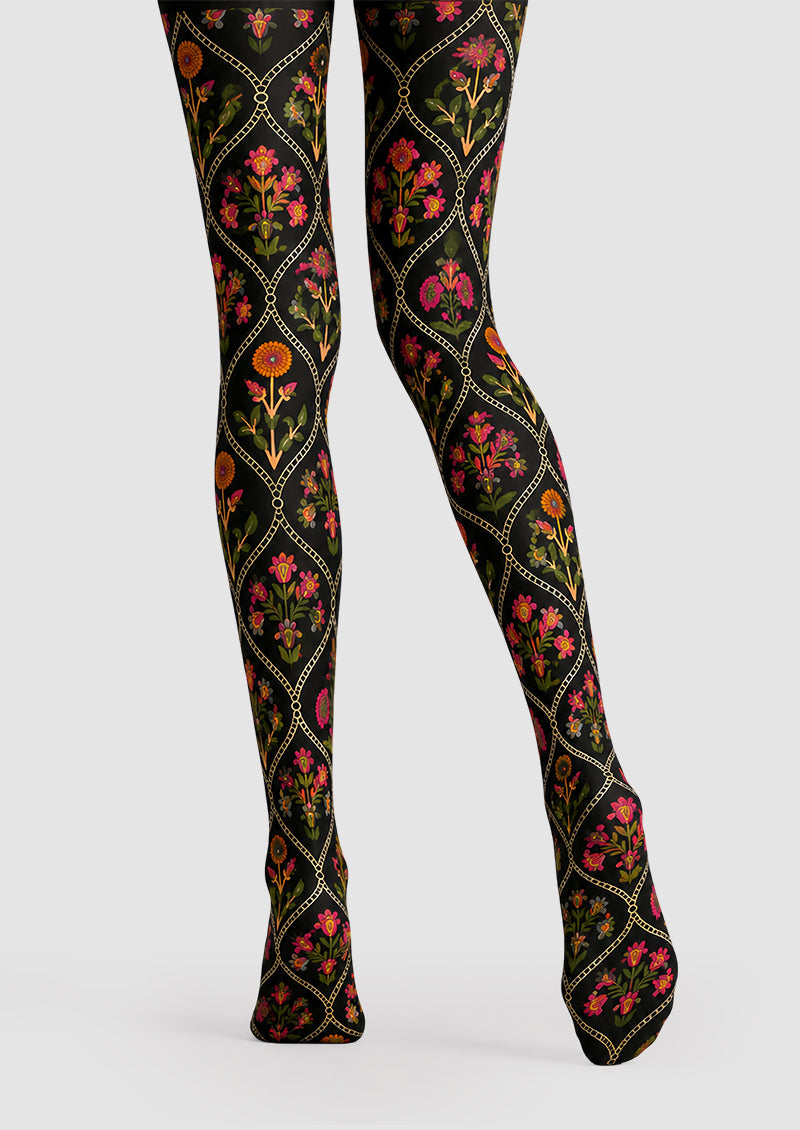Folk Art Floral Tights Black Patterned Pantyhose L68-106