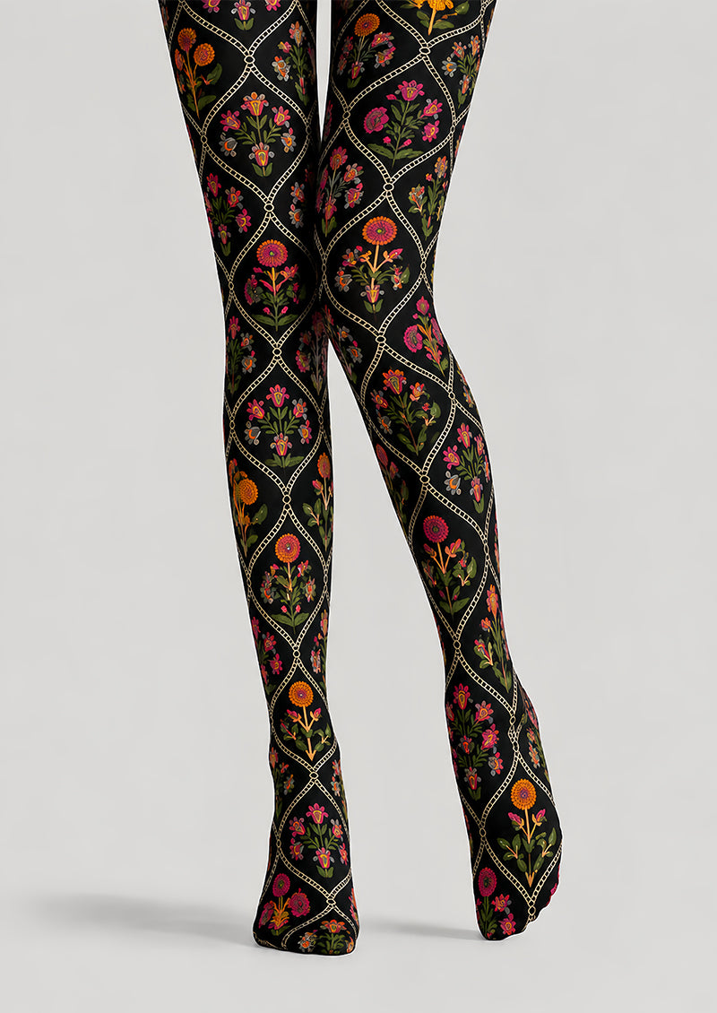 Folk Art Floral Tights Black Patterned Pantyhose L68-106