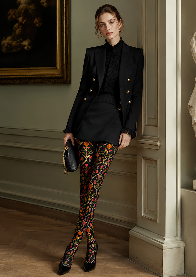 Folk Art Floral Tights Black Patterned Pantyhose L68-106