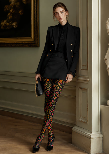 Folk Art Floral Tights Black Patterned Pantyhose L68-106