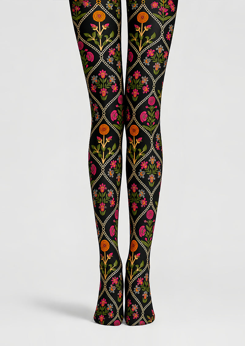 Folk Art Floral Tights Black Patterned Pantyhose L68-106