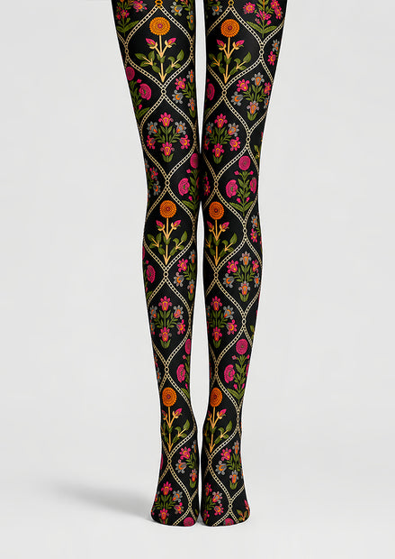 Folk Art Floral Tights Black Patterned Pantyhose L68-106