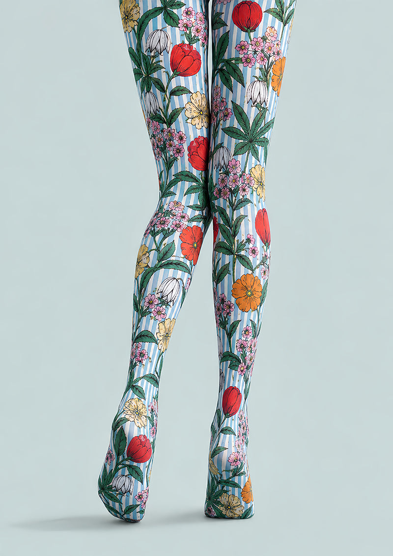 Striped Garden Floral Print Tights Pantyhose L68-113