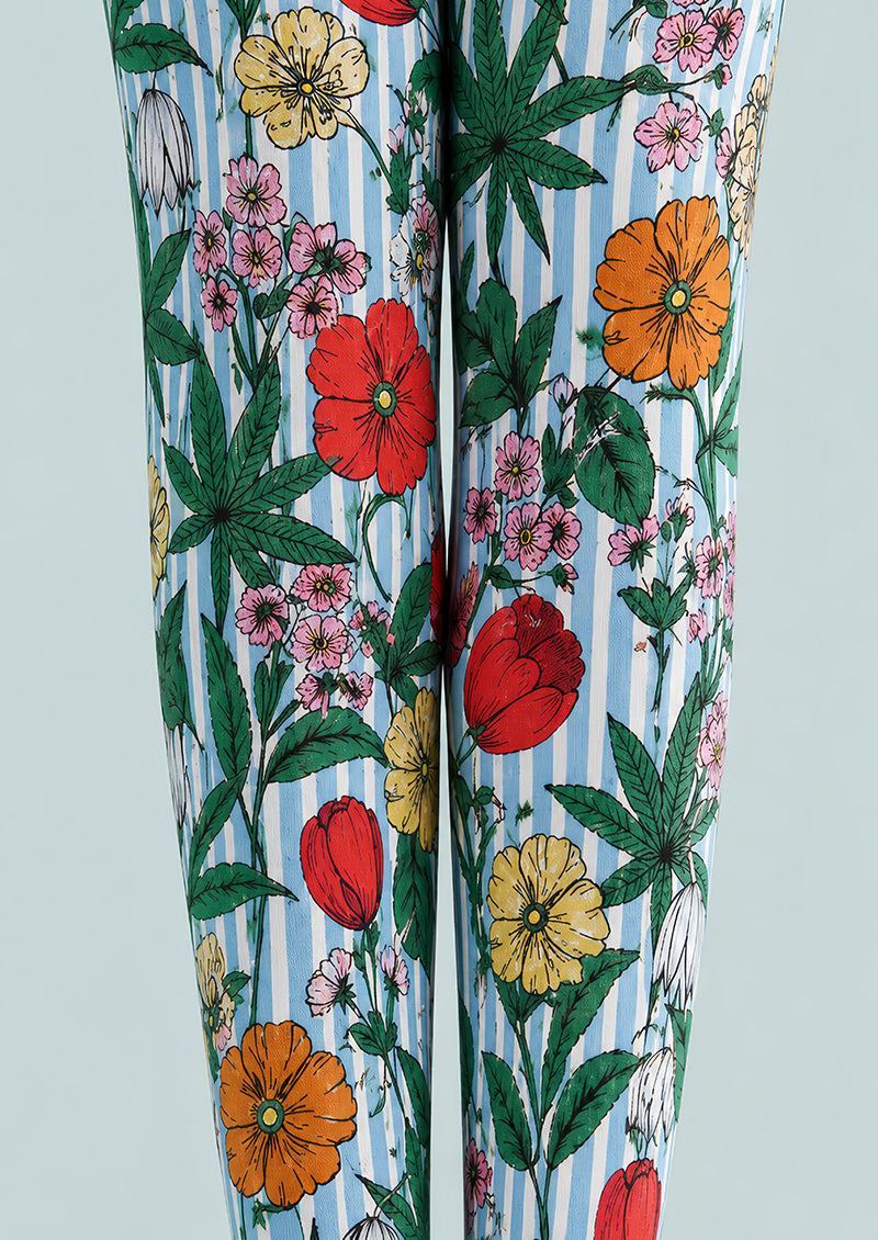 Striped Garden Floral Print Tights Pantyhose L68-113