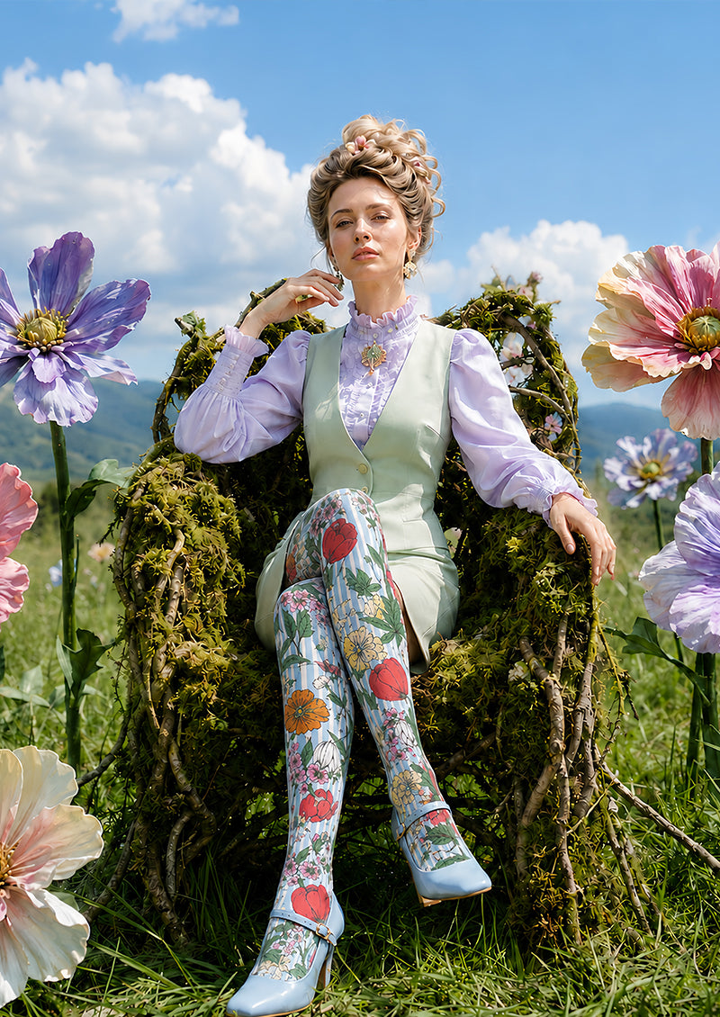 Striped Garden Floral Print Tights Pantyhose L68-113