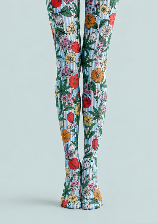Striped Garden Floral Print Tights Pantyhose L68-113