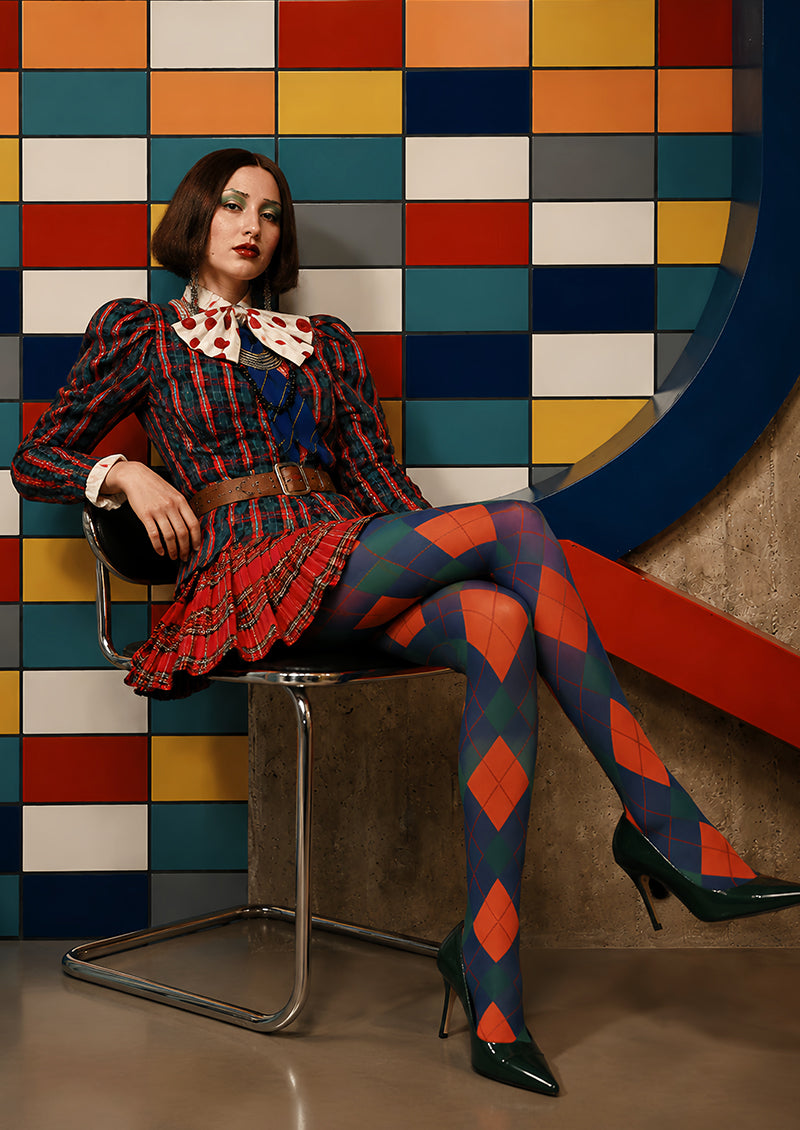 Navy Argyle Tights Hosiery Pantyhose L68-116