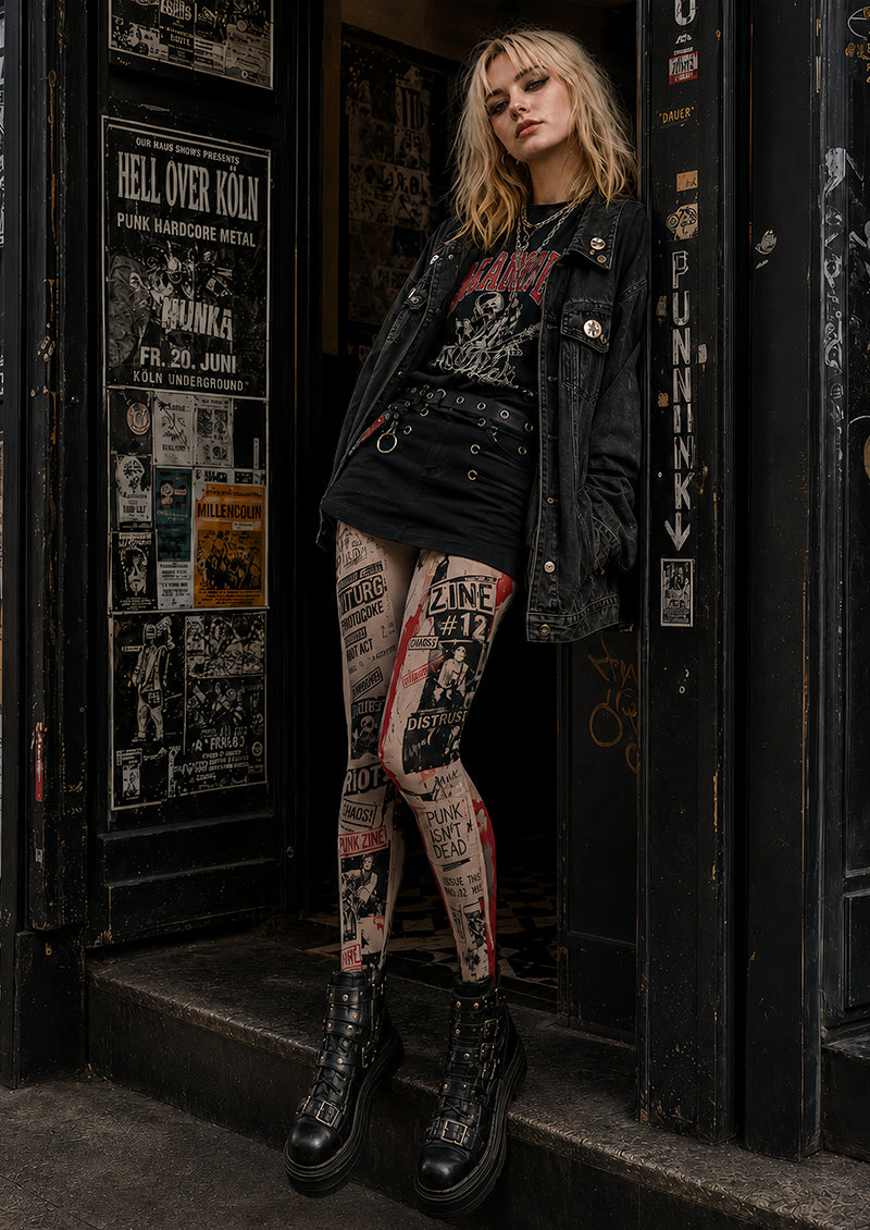 Punk Zine Graphic Print Tights Pantyhose L68-127
