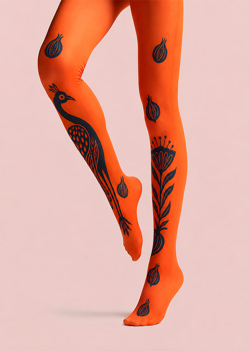 Orange Peacock Animal Print Tights Hosiery Pantyhose L68-14