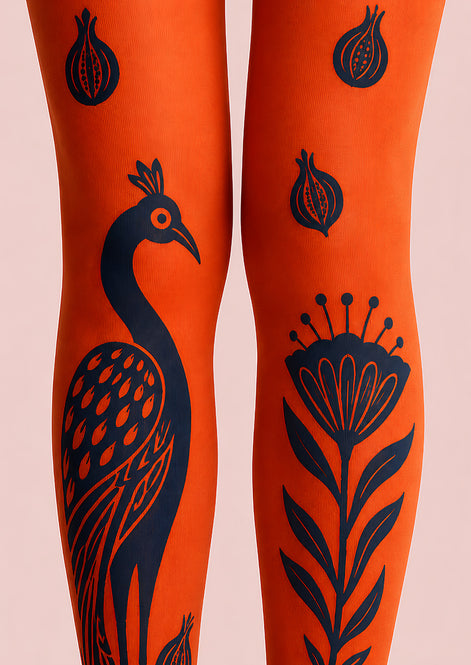 Orange Peacock Animal Print Tights Hosiery Pantyhose L68-14