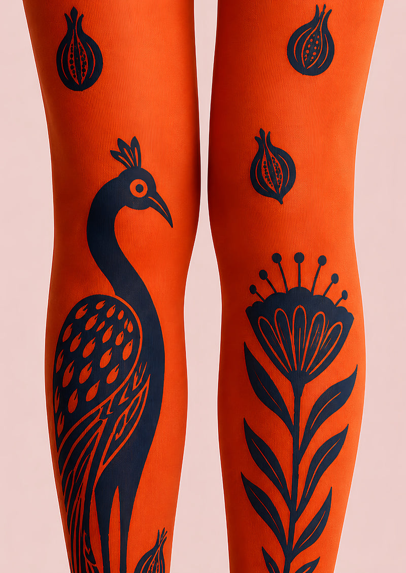 Orange Peacock Animal Print Tights Hosiery Pantyhose L68-14