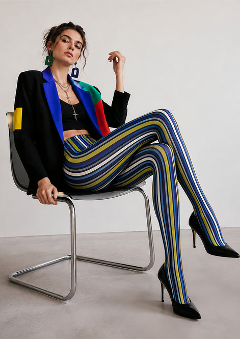 Electric Blue Striped Tights Hosiery Pantyhose L68-143