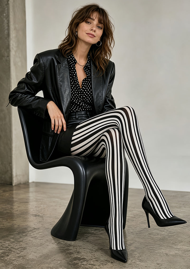 Black White Classic Striped Tights Pantyhose L68-146