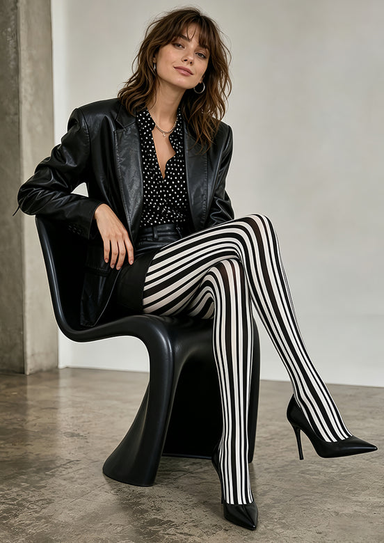 Black White Classic Striped Tights Pantyhose L68-146