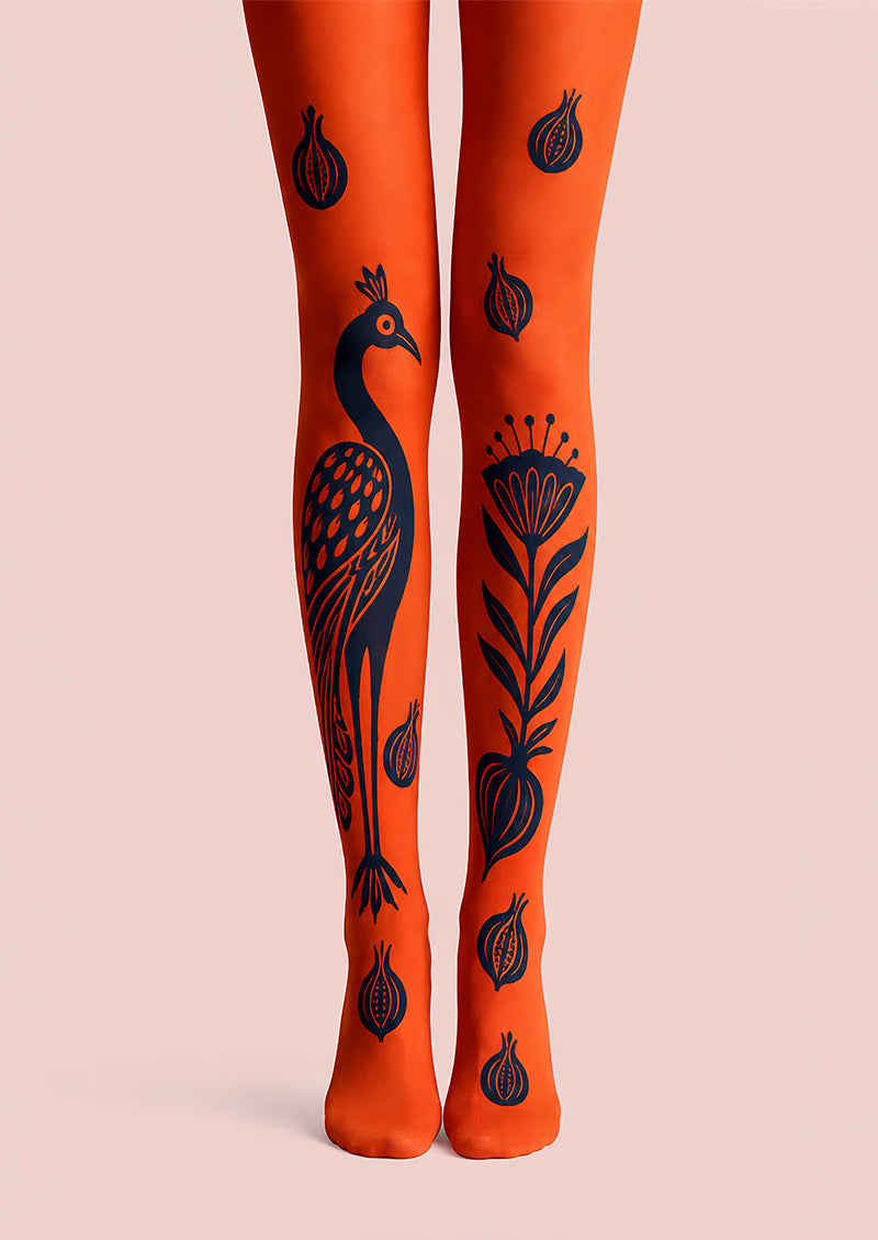 Orange Peacock Animal Print Tights Hosiery Pantyhose L68-14