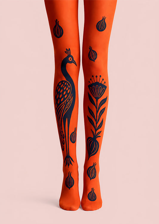 Orange Peacock Animal Print Tights Hosiery Pantyhose L68-14