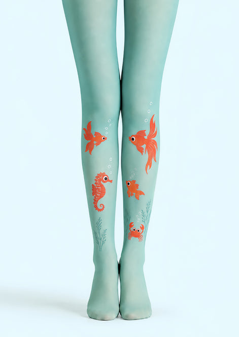 Goldfish Seahorse Animal Print Tights Green Pantyhose L68-15