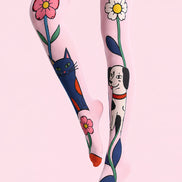 Pink Cat Dog Pantyhose Floral Animal Print Tights L68-16