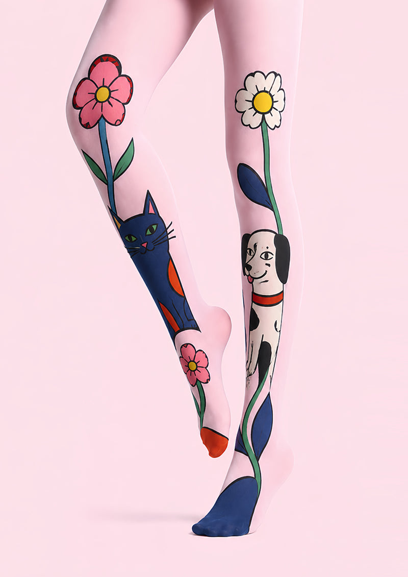 Pink Cat Dog Pantyhose Floral Animal Print Tights L68-16