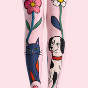 Pink Cat Dog Pantyhose Floral Animal Print Tights L68-16