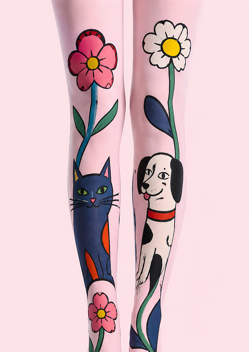 Pink Cat Dog Pantyhose Floral Animal Print Tights L68-16