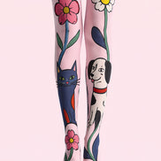 Pink Cat Dog Pantyhose Floral Animal Print Tights L68-16