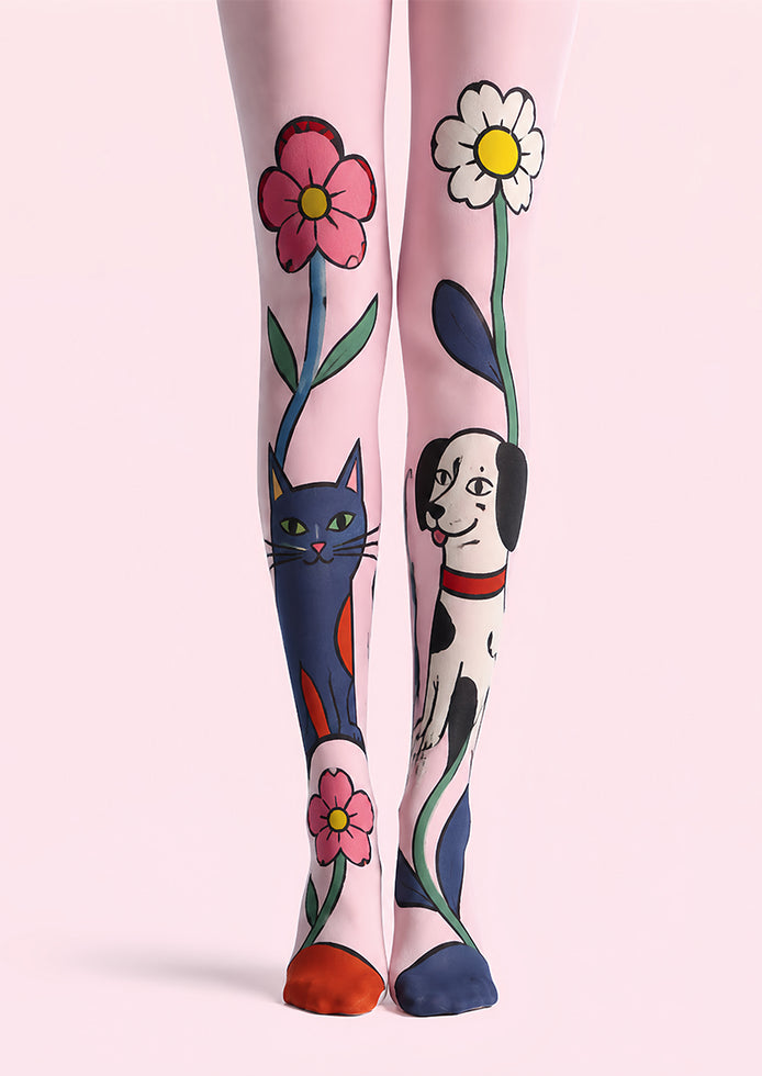 Pink Cat Dog Pantyhose Floral Animal Print Tights L68-16