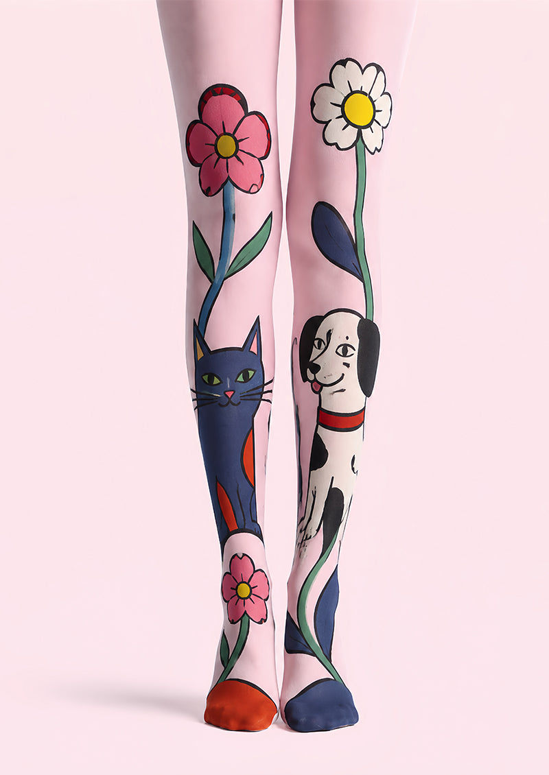 Pink Cat Dog Pantyhose Floral Animal Print Tights L68-16