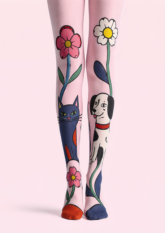 Pink Cat Dog Pantyhose Floral Animal Print Tights L68-16