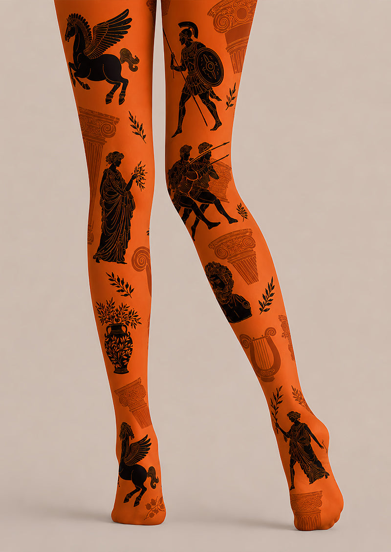 Orange Greek Art Patterned Tights Y2K Hosiery L68-23
